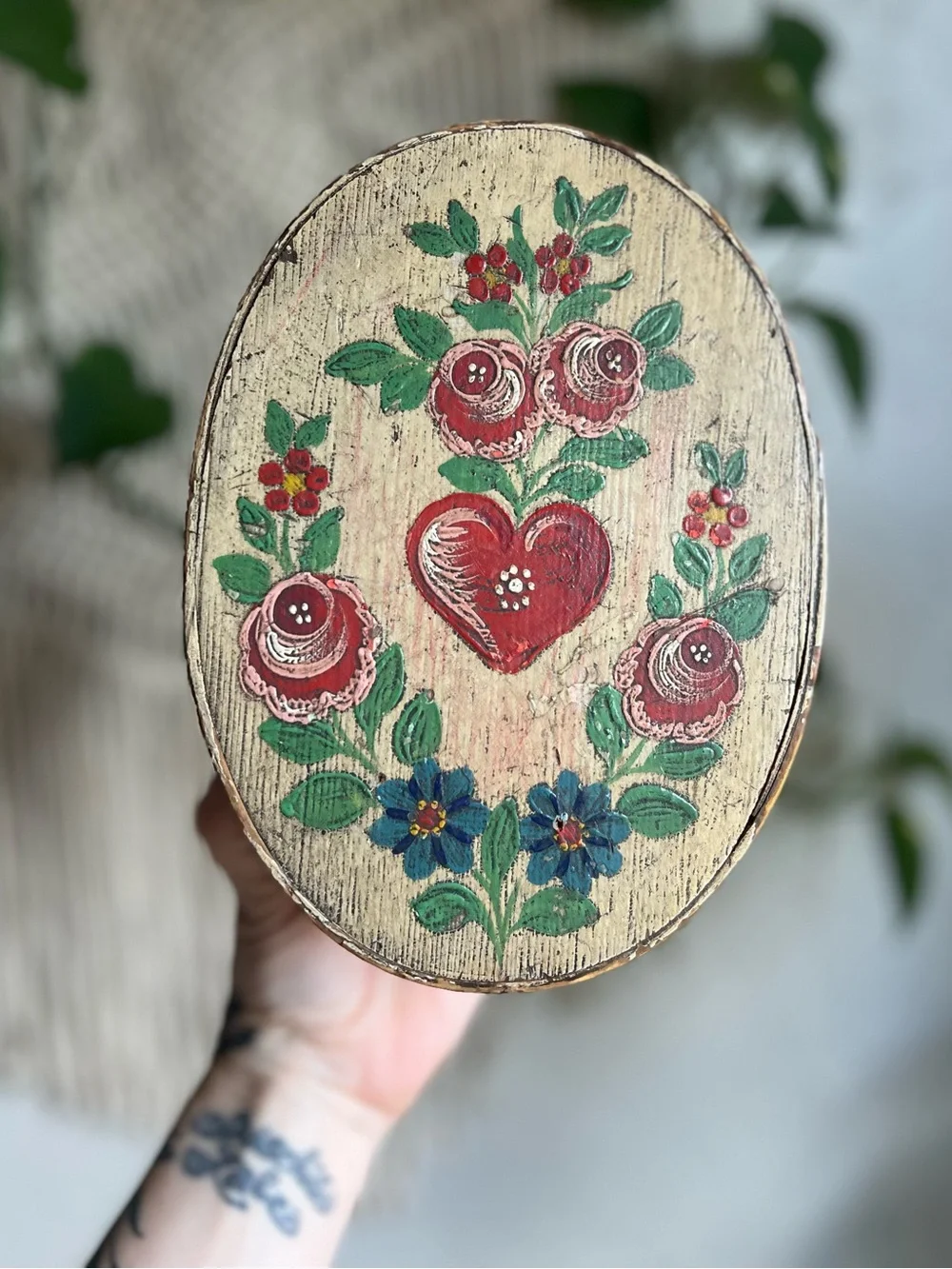 Vintage Scandinavian Folk Art Bentwood Oval Box Heart Floral Trinket Norwegian - Picture 5 of 11
